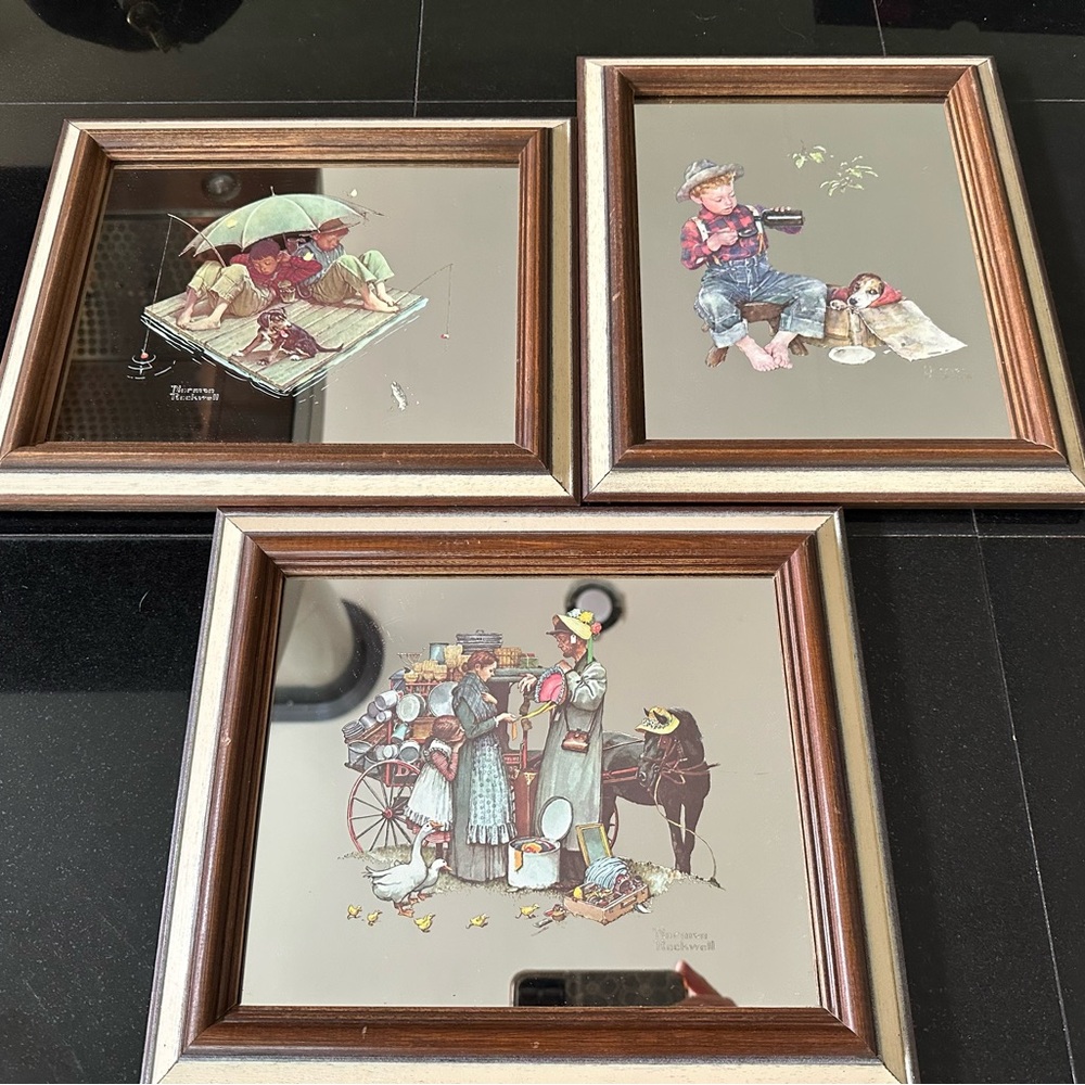 Norman Rockwell Framed Mirror Art Set - Brown and Cream